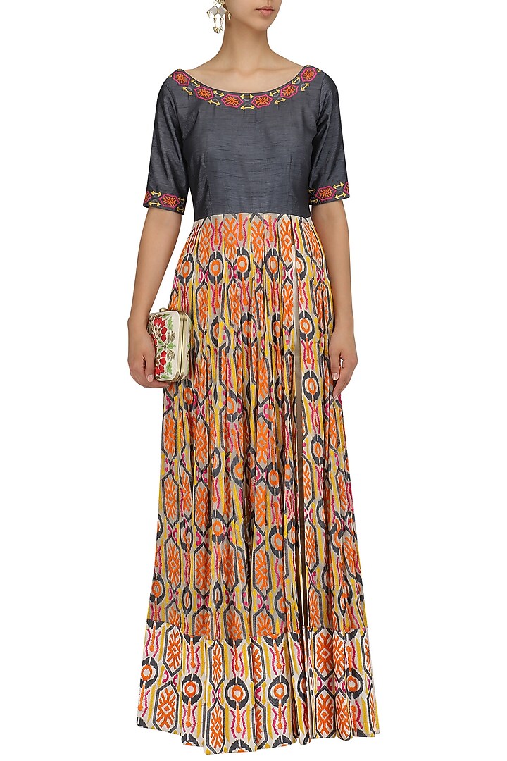 Blue and off white embroidered anarkali with straight pants available only at Pernia's Pop Up Shop.