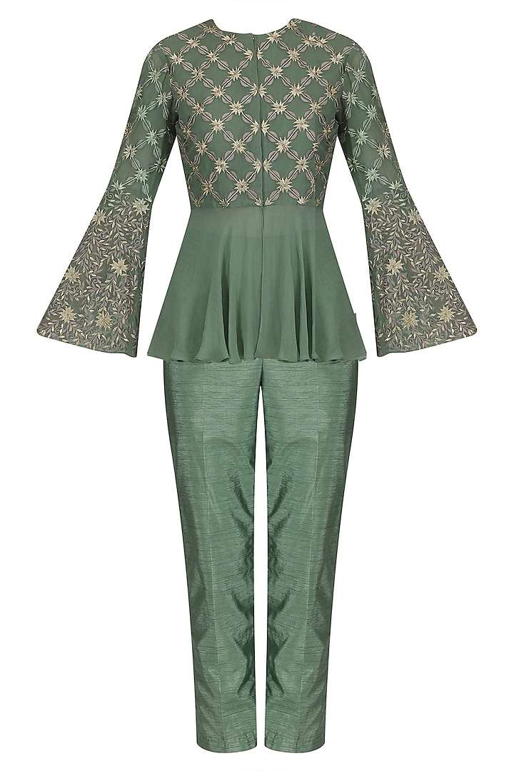 Sea green embroidered peplum jacket with straight pants available only at Pernia's Pop Up Shop.