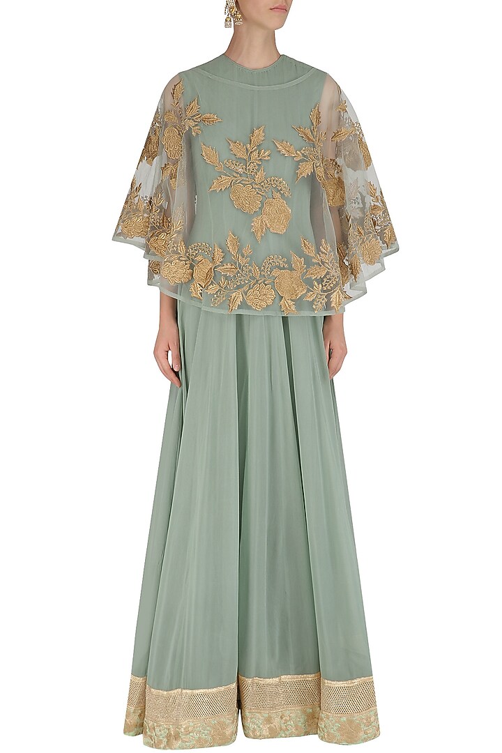 Sea green pleated anarkali and cape set available only at Pernia's Pop Up Shop.
