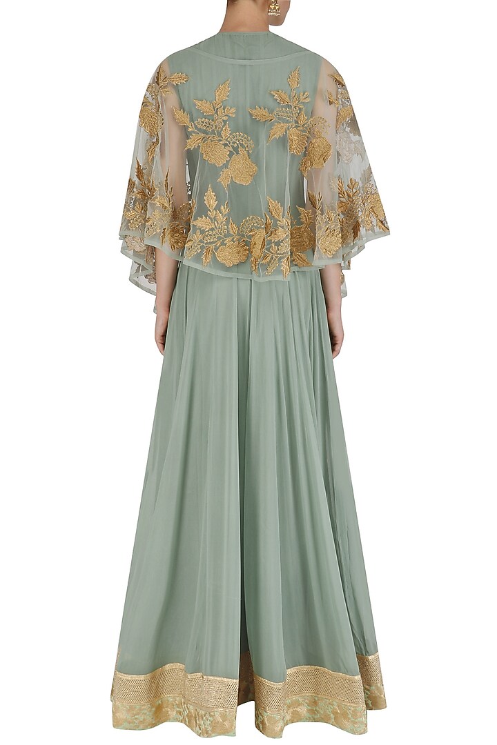 Sea green pleated anarkali and cape set available only at Pernia's Pop Up Shop.