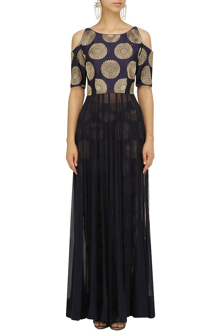 Navy blue cold shoulder anarkali and straight pants set available only at Pernia's Pop Up Shop.