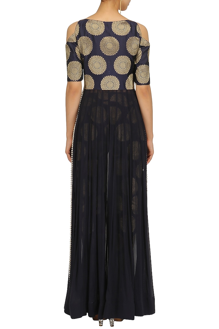 Navy blue cold shoulder anarkali and straight pants set available only at Pernia's Pop Up Shop.