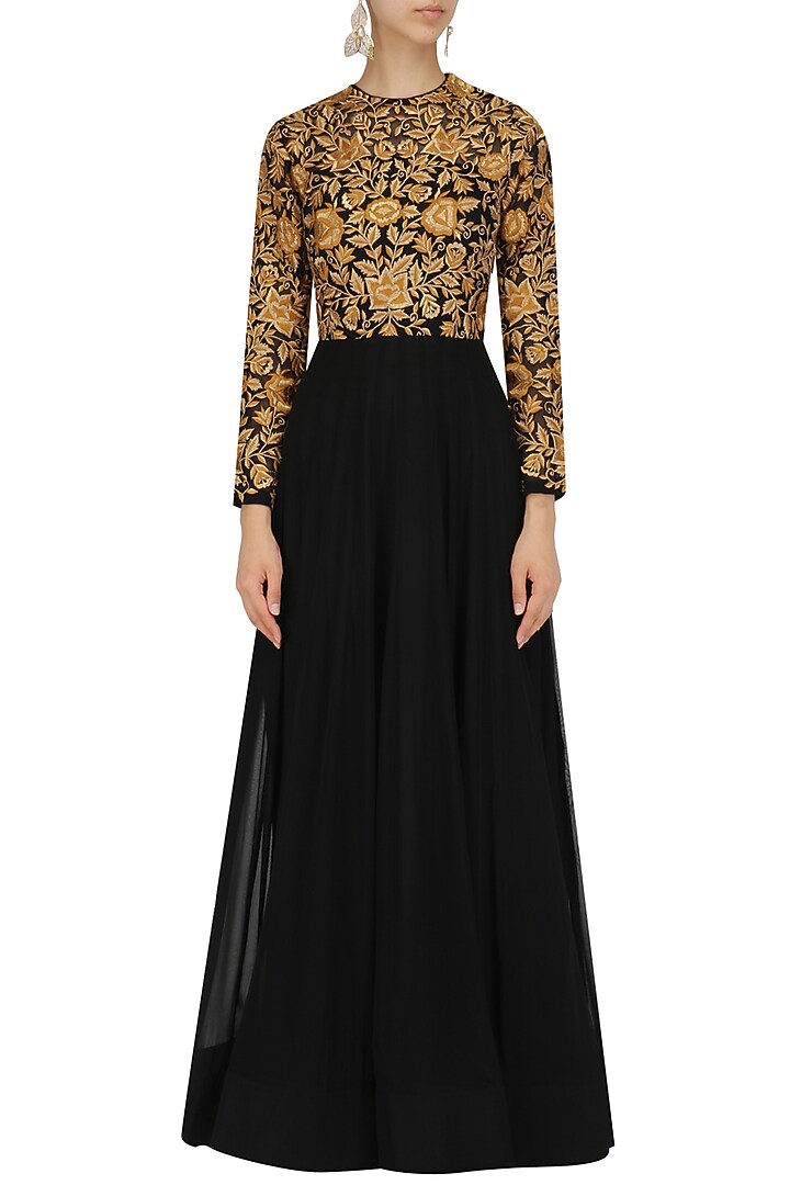 Black zari embroidered flared gown available only at Pernia's Pop Up Shop.