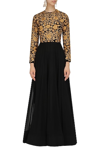 Black Zari Embroidered Flared Gown by Jhunjhunwala