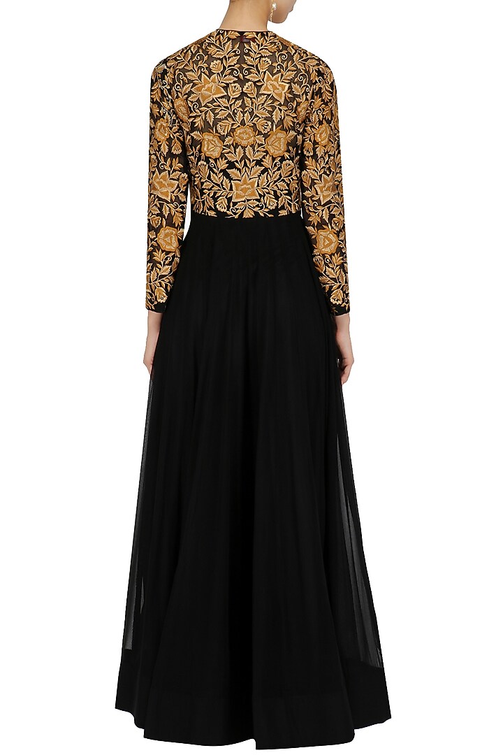 Black zari embroidered flared gown available only at Pernia's Pop Up Shop.