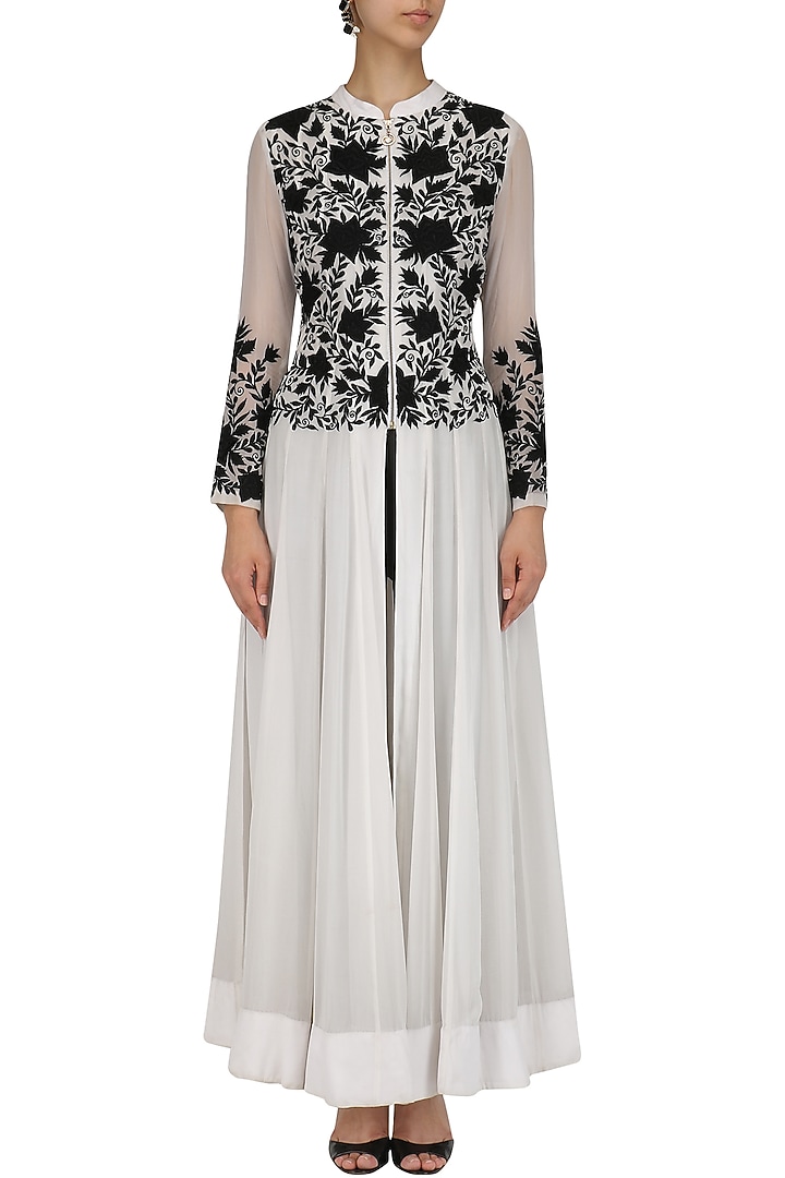 Black and white embroidered anarkali with straight pants available only at Pernia's Pop Up Shop.