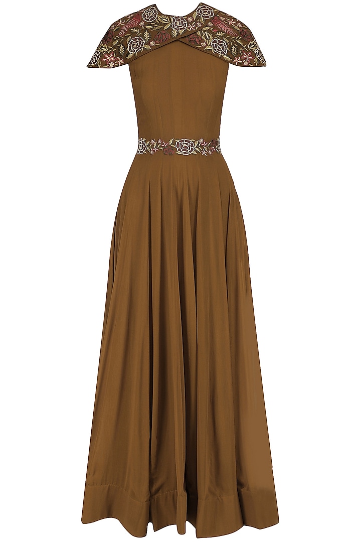 Brown Floral Embroidered Flared Gown by Jhunjhunwala