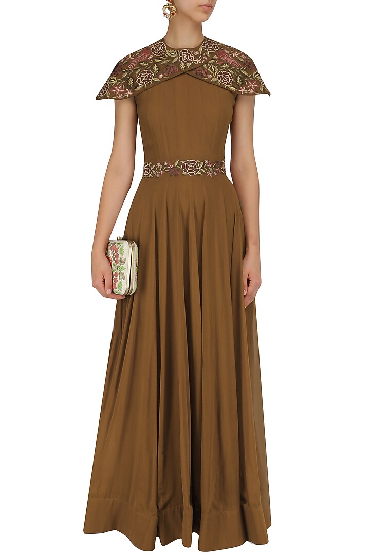 Brown floral embroidered flared gown available only at Pernia's Pop Up Shop.