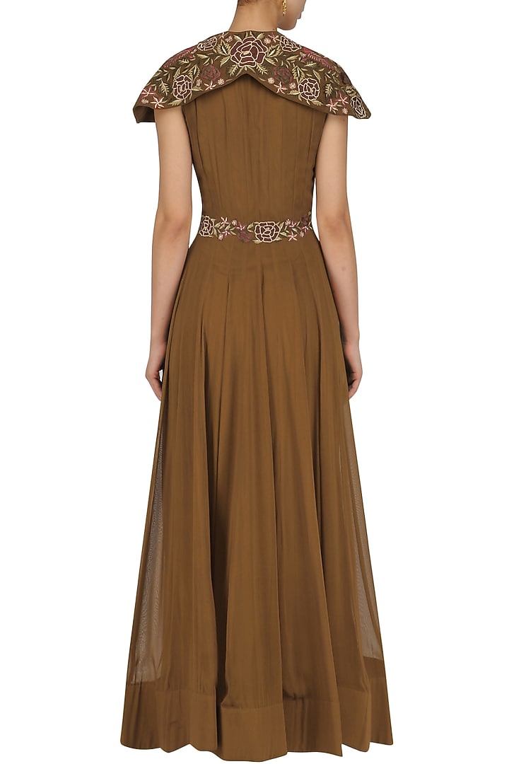 Brown floral embroidered flared gown available only at Pernia's Pop Up Shop.
