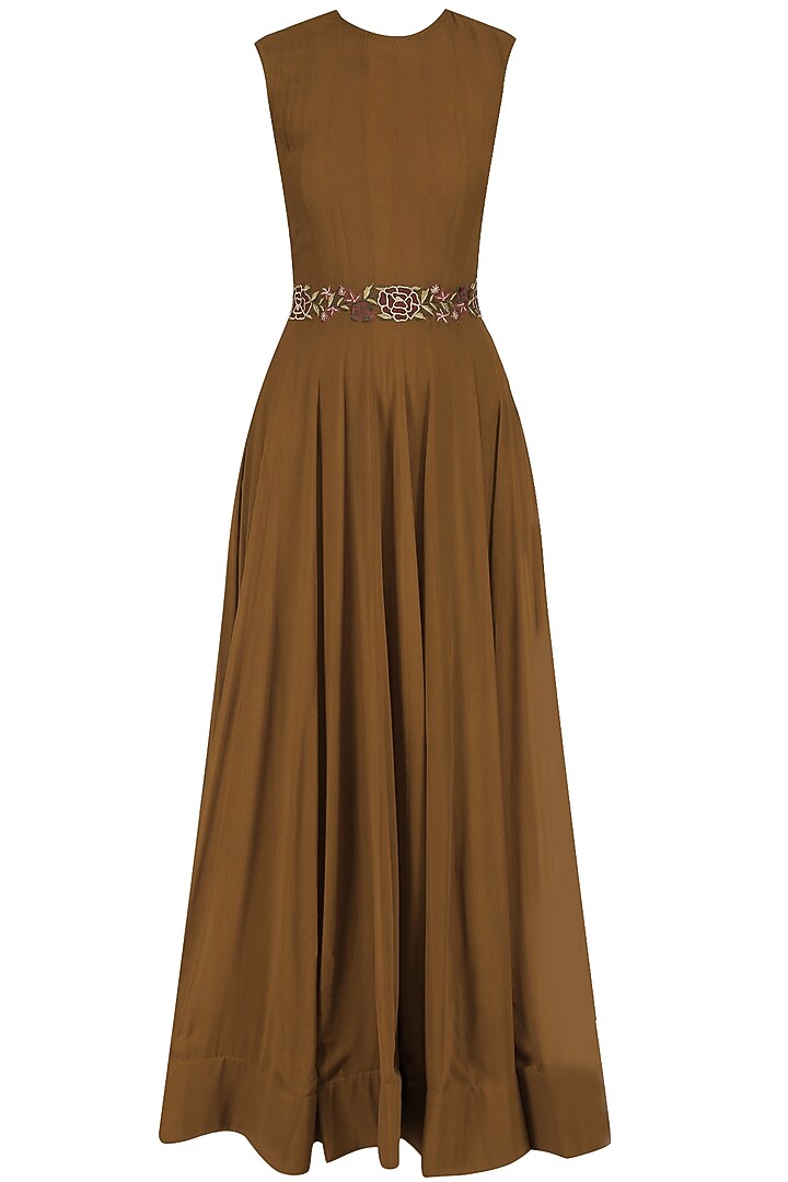 Brown floral embroidered flared gown available only at Pernia's Pop Up Shop.