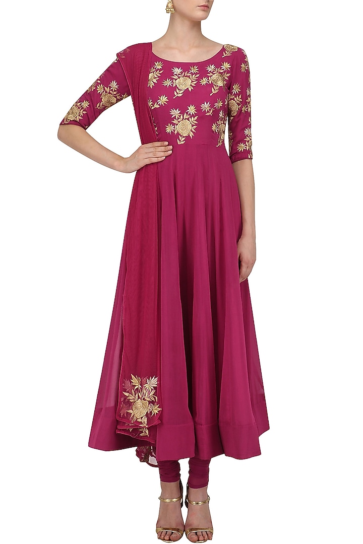 Dark pink floral embroidered anarkali set available only at Pernia's Pop Up Shop.