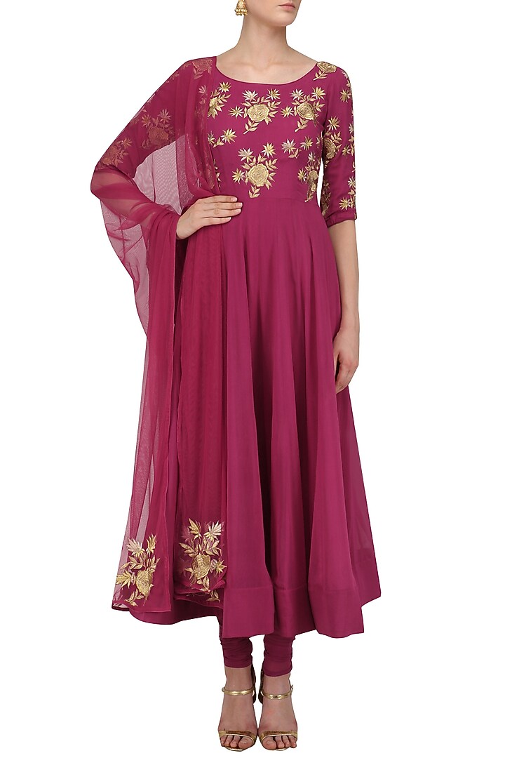 Dark pink floral embroidered anarkali set available only at Pernia's Pop Up Shop.
