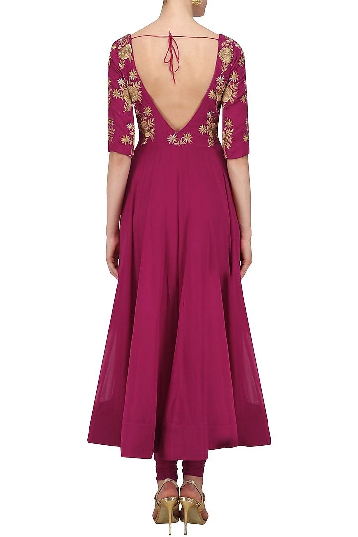 Dark pink floral embroidered anarkali set available only at Pernia's Pop Up Shop.