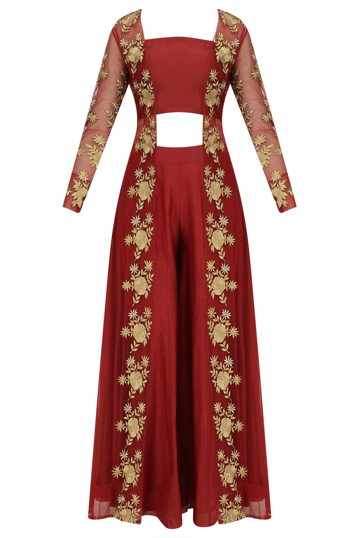 Red Floral Embroidered Jacket, Bustier and Palazzo Pants Set by Jhunjhunwala