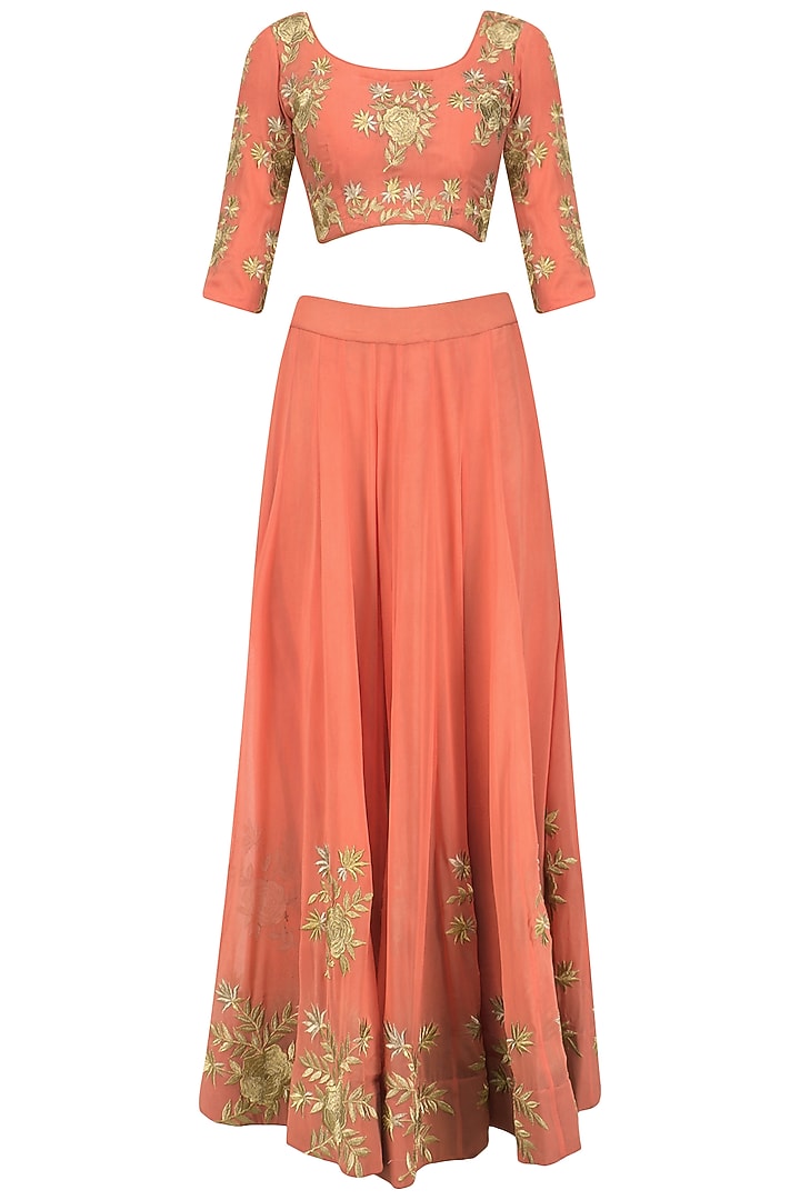 Burnt orange floral embroidered lehenga set available only at Pernia's