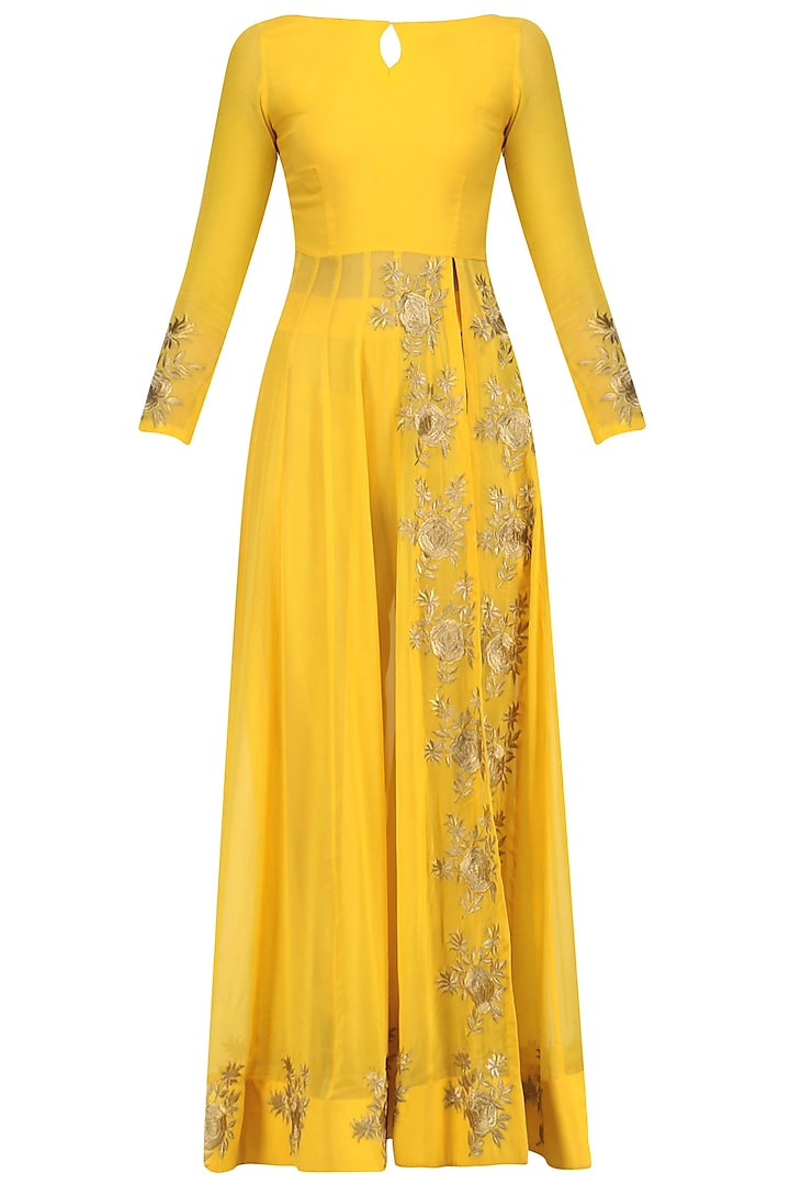 Yellow floral embroidered high slit anarkali and pants set available ...