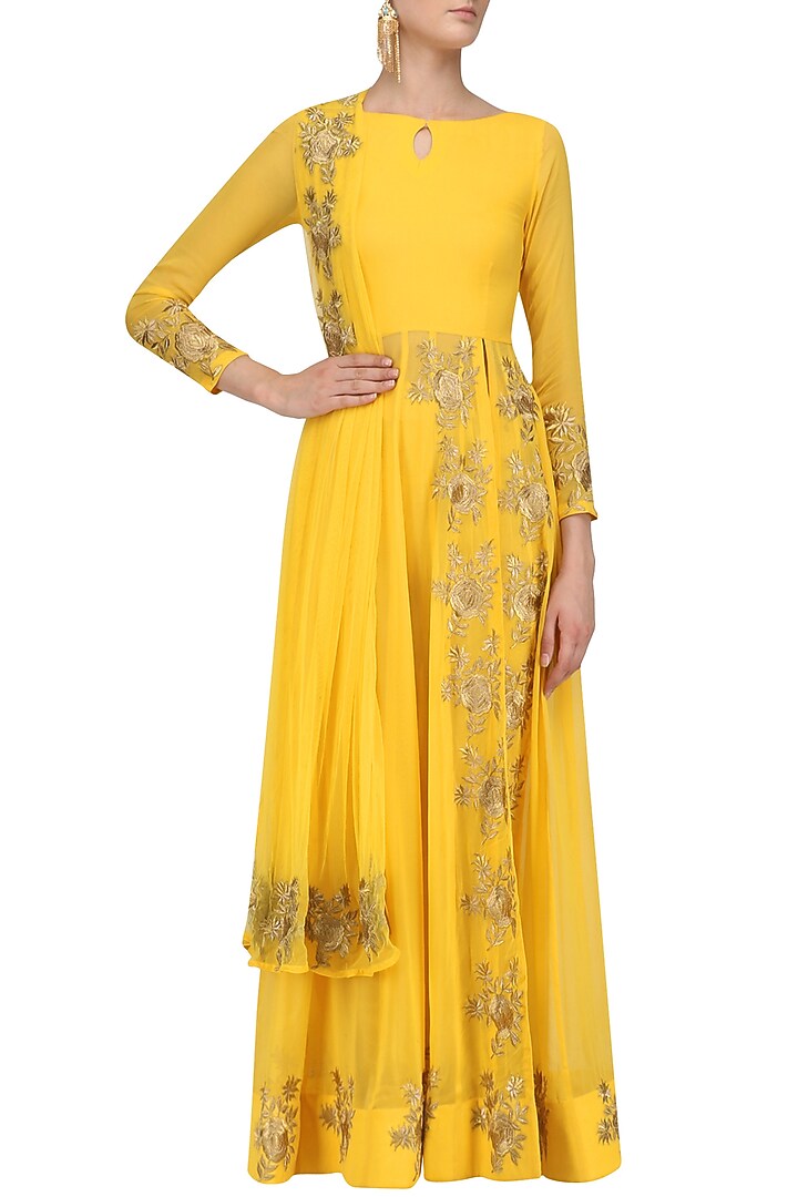 Yellow floral embroidered high slit anarkali and pants set available only at Pernia's Pop Up Shop.