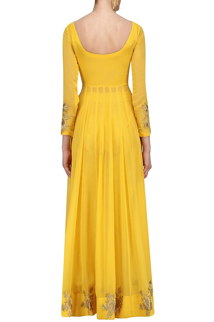 Yellow floral embroidered high slit anarkali and pants set available only at Pernia's Pop Up Shop.
