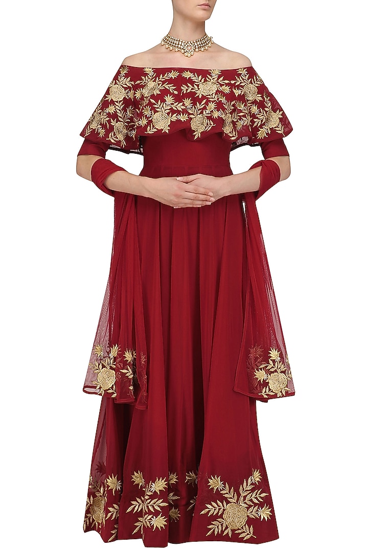Red floral embroidered off shoulder anarkali set available only at Pernia's Pop Up Shop.