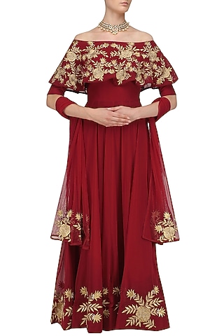 Red Floral Embroidered Off Shoulder Anarkali Set by Jhunjhunwala