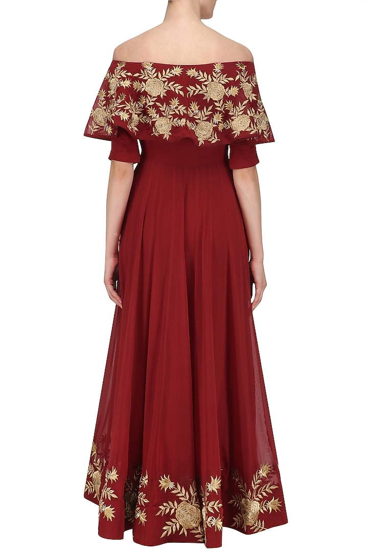 Red floral embroidered off shoulder anarkali set available only at Pernia's Pop Up Shop.