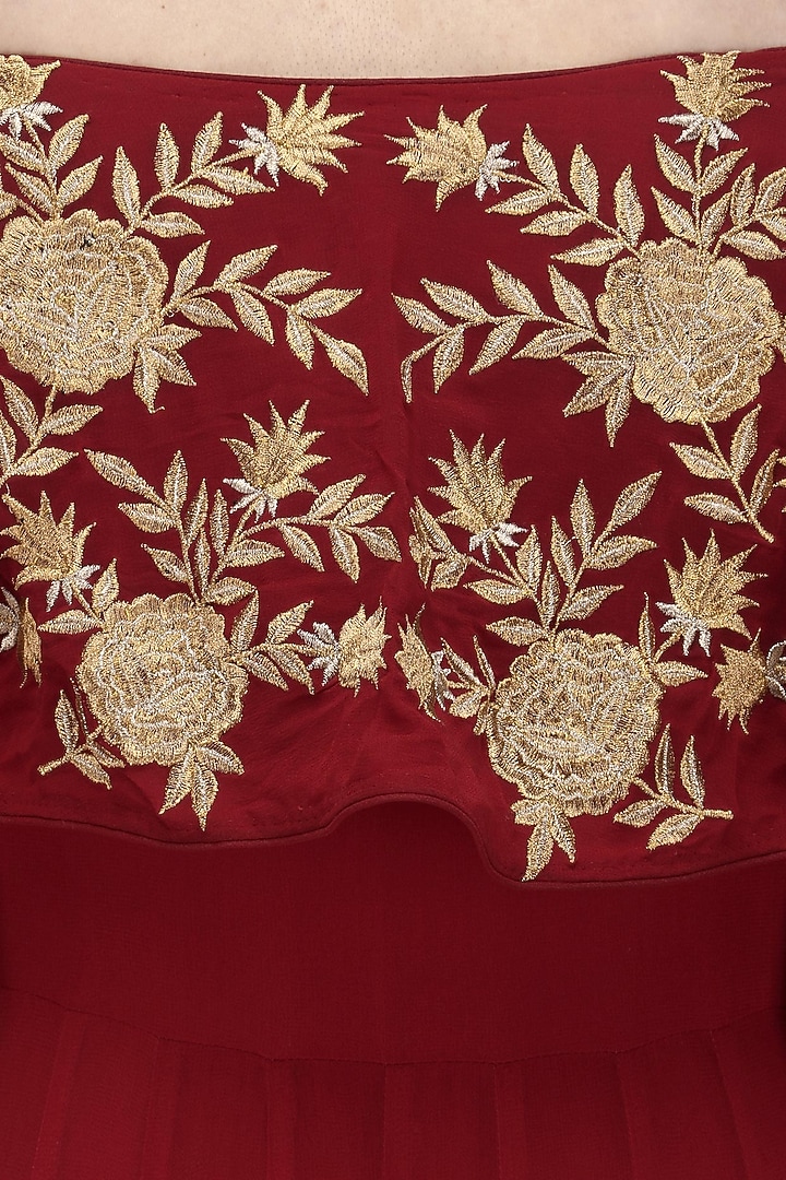 Red floral embroidered off shoulder anarkali set available only at Pernia's Pop Up Shop.
