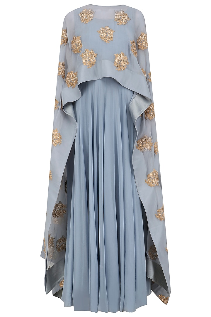 Sea blue floral embroidered cape anarkali available only at Pernia's Pop Up Shop.
