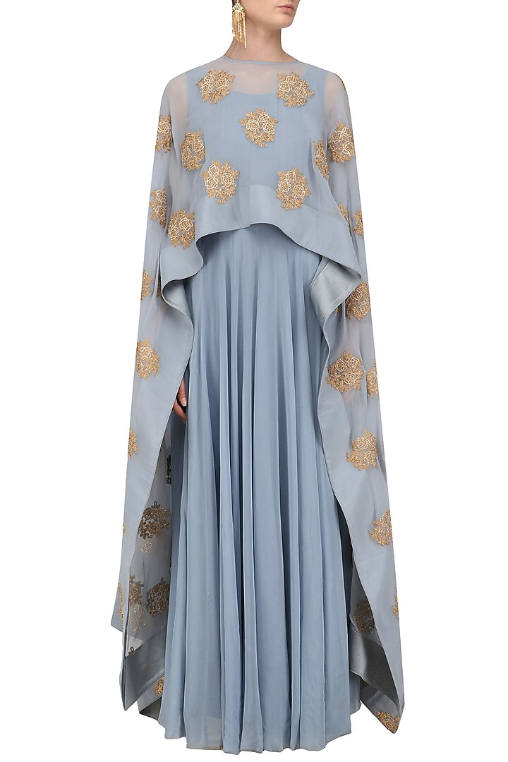Sea blue floral embroidered cape anarkali available only at Pernia's Pop Up Shop.