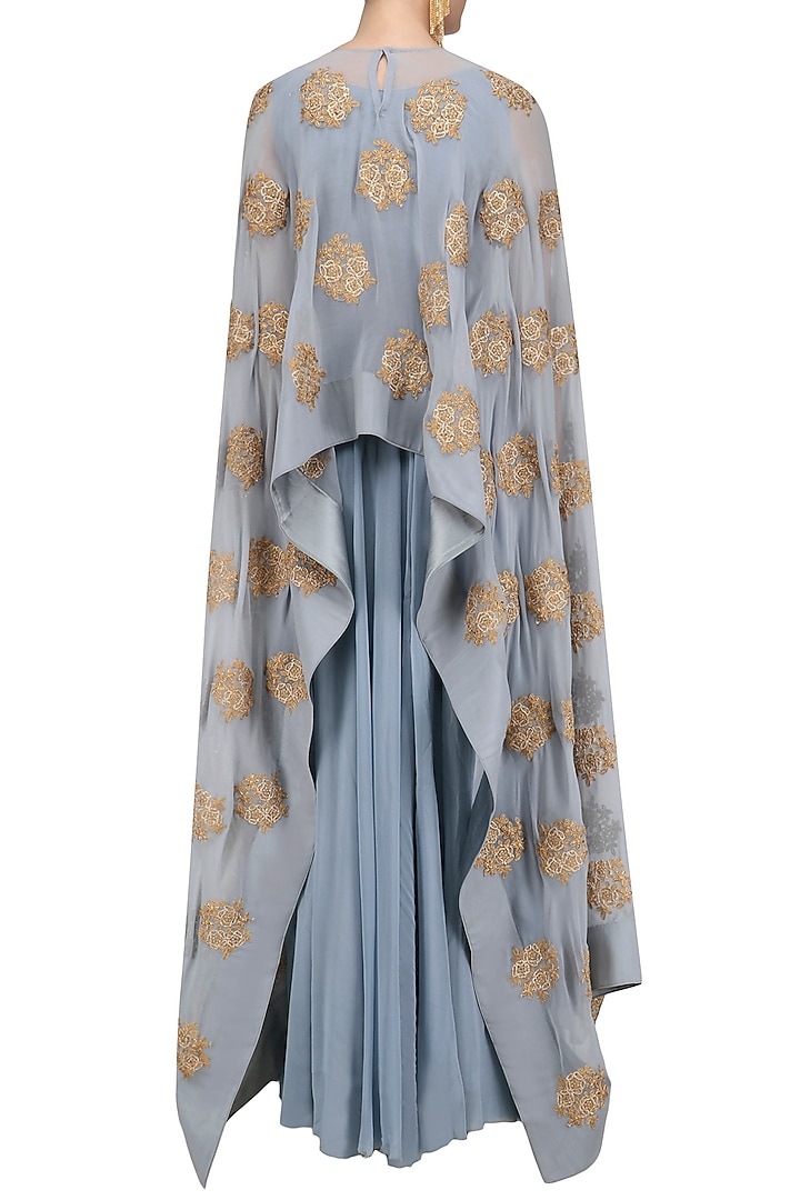 Sea blue floral embroidered cape anarkali available only at Pernia's Pop Up Shop.