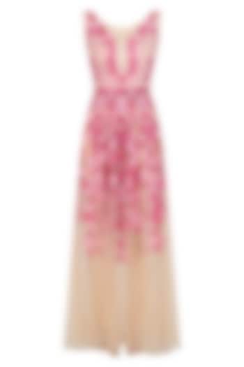 Beige and pink floral embroidered anarkali and pants set available only at Pernia's Pop Up Shop.