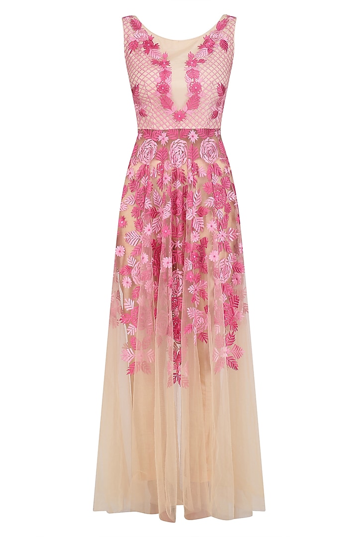 Beige and pink floral embroidered anarkali and pants set available only at Pernia's Pop Up Shop.