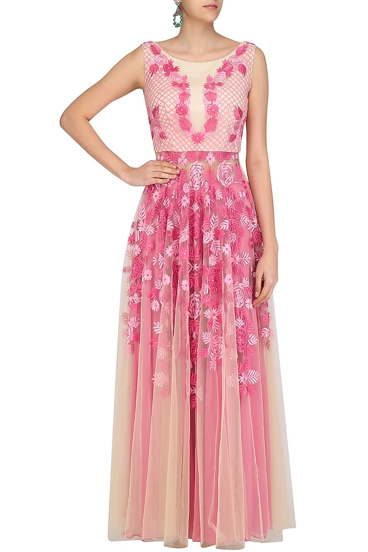 Beige and pink floral embroidered anarkali and pants set available only at Pernia's Pop Up Shop.