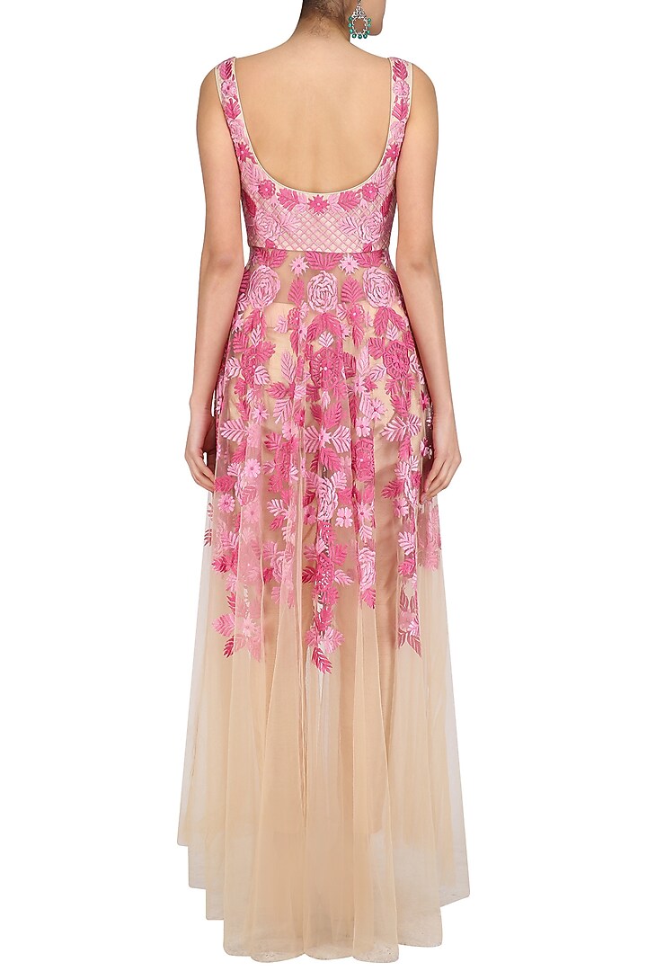 Beige and pink floral embroidered anarkali and pants set available only at Pernia's Pop Up Shop.