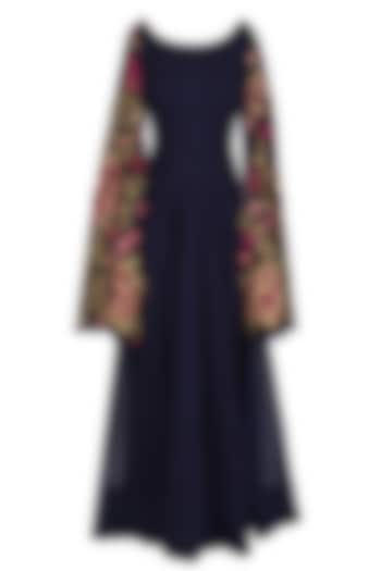 Navy Blue Floral Embroidered Anarkali with Cape Sleevees by Jhunjhunwala
