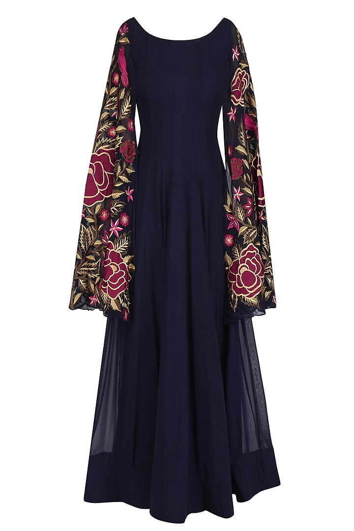 Navy Blue Floral Embroidered Anarkali with Cape Sleevees by Jhunjhunwala