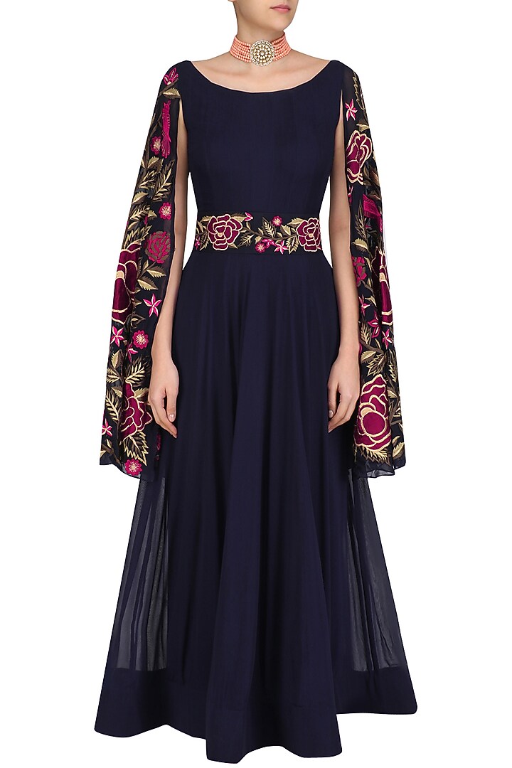 Navy blue floral embroidered anarkali with cape sleevees available only at Pernia's Pop Up Shop.