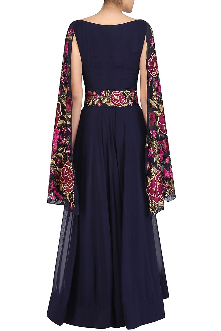 Navy blue floral embroidered anarkali with cape sleevees available only at Pernia's Pop Up Shop.
