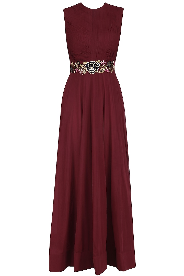 Maroon Ruched Anarkali Gown with Floral Embroidered Belt by Jhunjhunwala