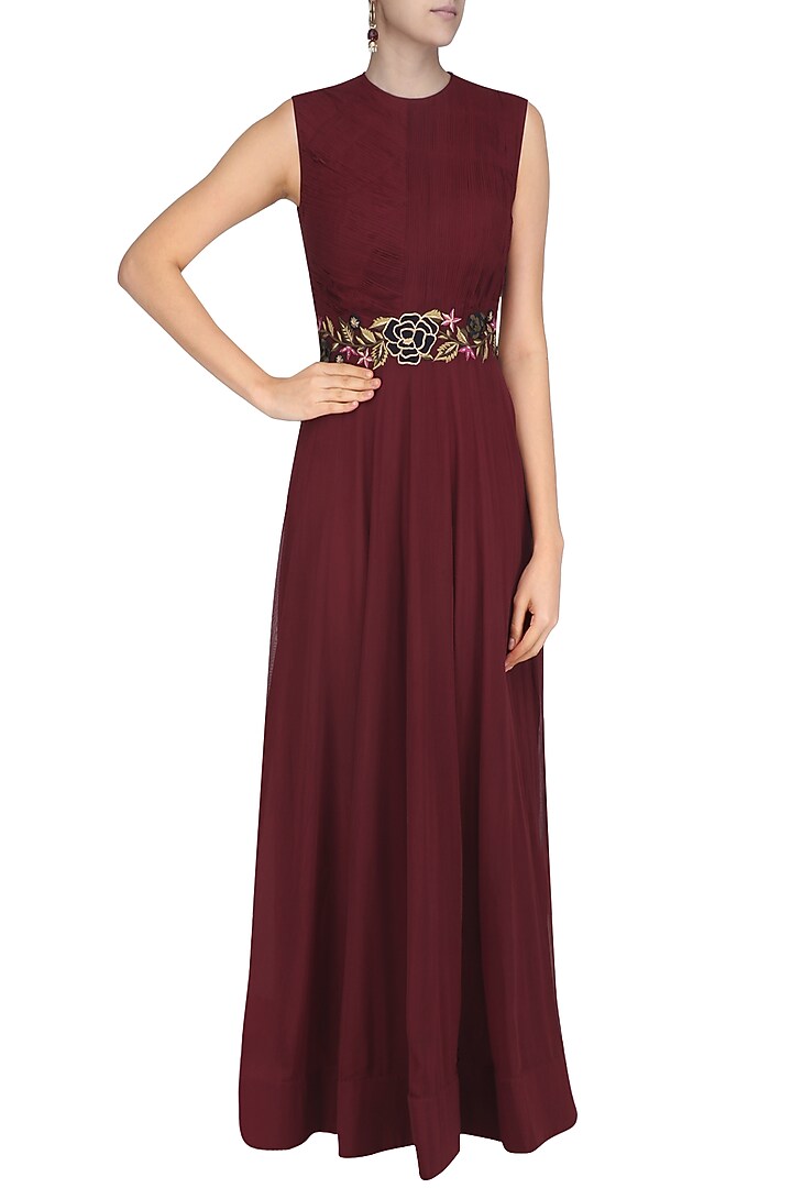 Maroon ruched anarkali gown with floral embroidered belt available only at Pernia's Pop Up Shop.