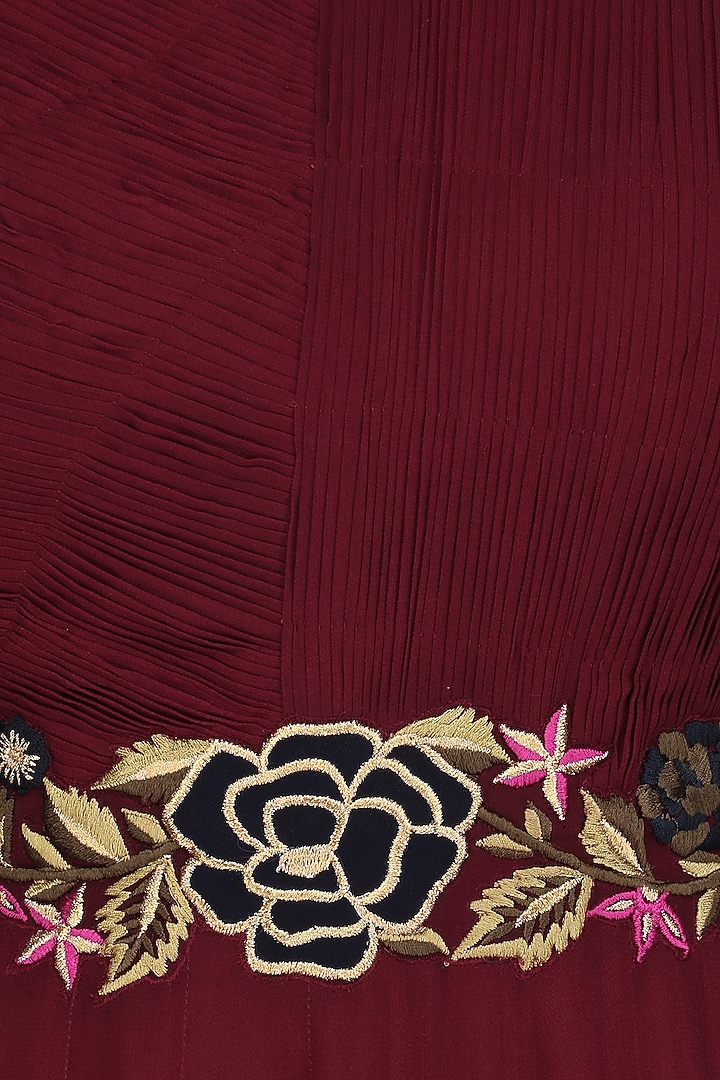 Maroon ruched anarkali gown with floral embroidered belt available only at Pernia's Pop Up Shop.