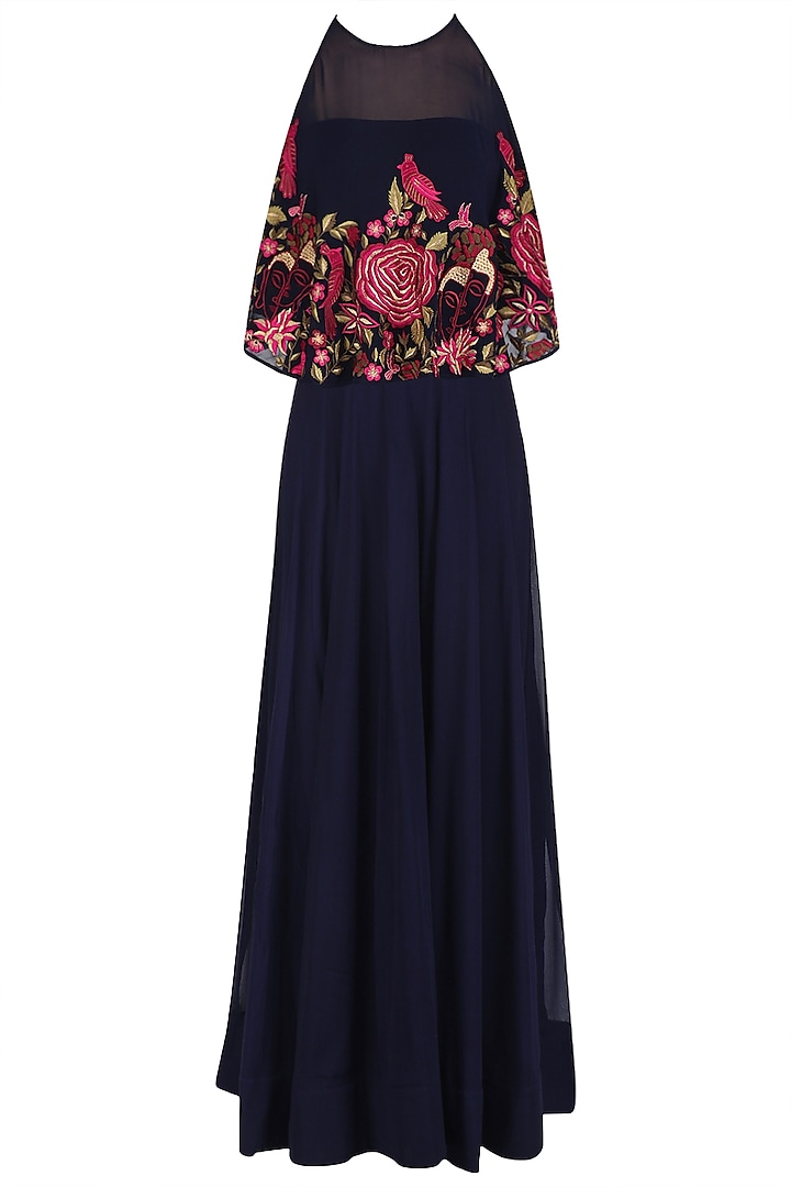 Navy Blue Anarkali and Floral Embroidered Cape Set by Jhunjhunwala