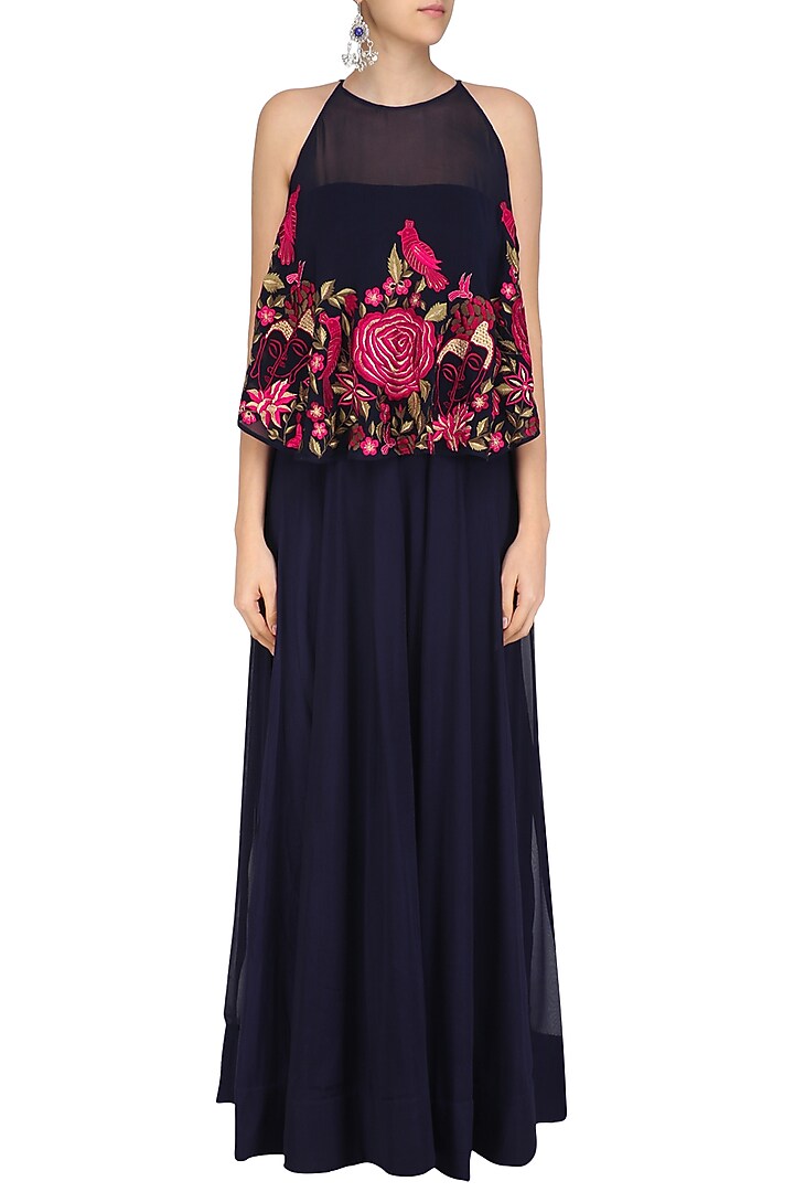 Navy blue anarkali and floral embroidered cape set available only at Pernia's Pop Up Shop.