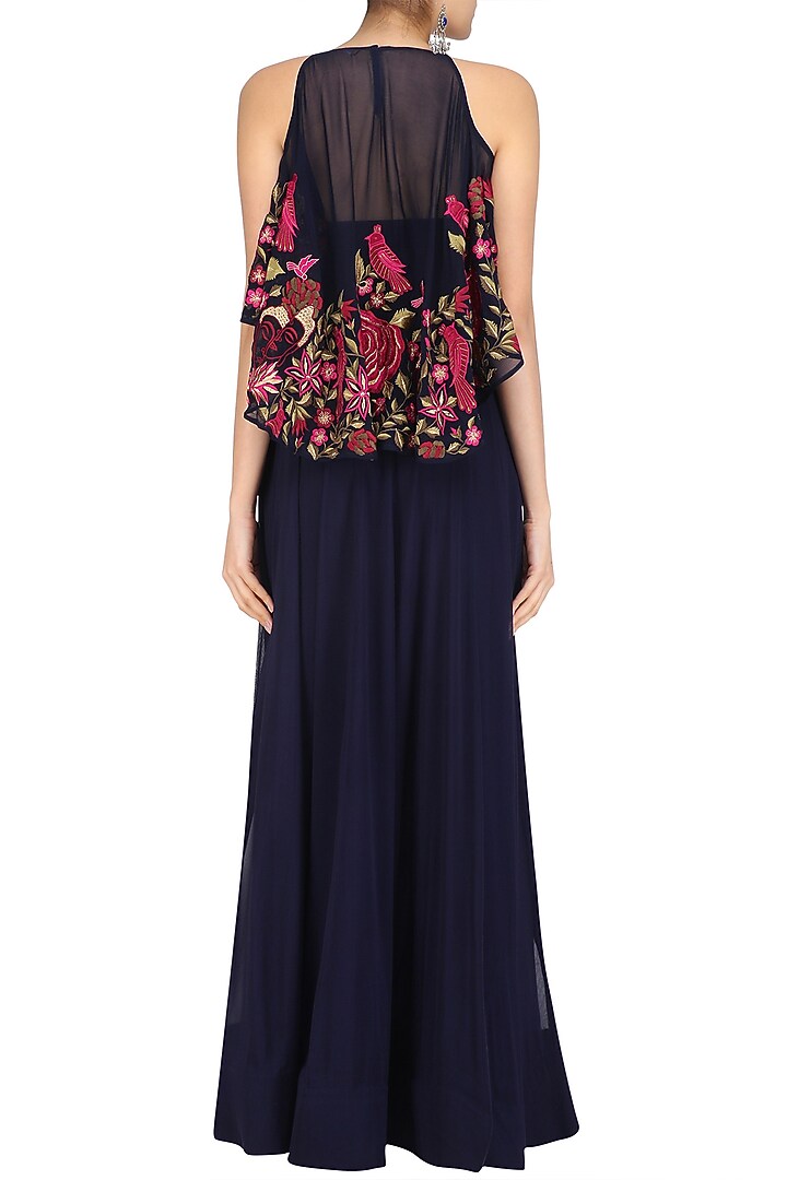 Navy blue anarkali and floral embroidered cape set available only at Pernia's Pop Up Shop.