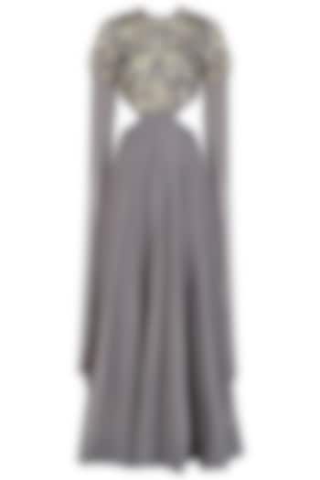 Grey and gold floral embroidered cutout anarkali with cape sleeves available only at Pernia's Pop Up Shop.