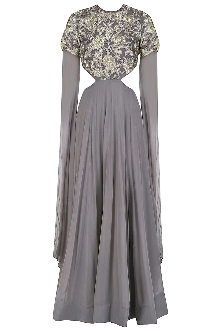 Grey and gold floral embroidered cutout anarkali with cape sleeves available only at Pernia's Pop Up Shop.