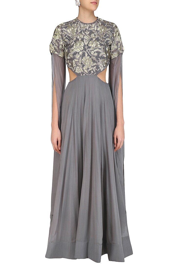 Grey and gold floral embroidered cutout anarkali with cape sleeves available only at Pernia's Pop Up Shop.