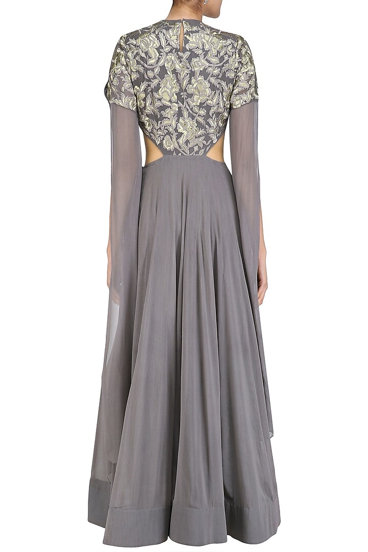 Grey and gold floral embroidered cutout anarkali with cape sleeves available only at Pernia's Pop Up Shop.