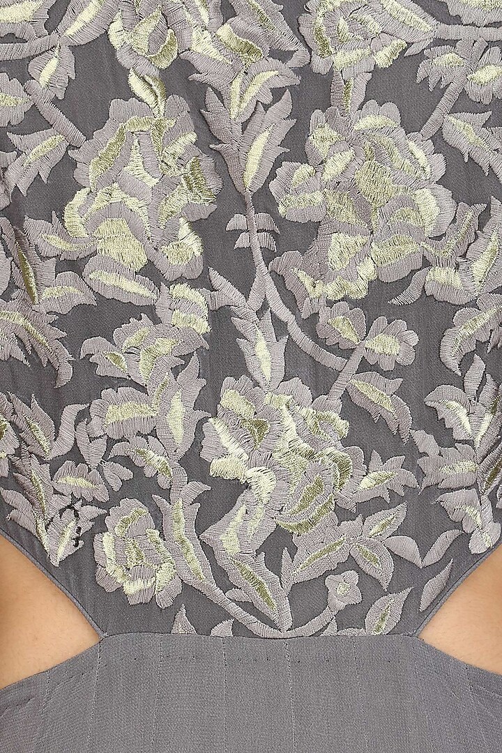 Grey and gold floral embroidered cutout anarkali with cape sleeves available only at Pernia's Pop Up Shop.