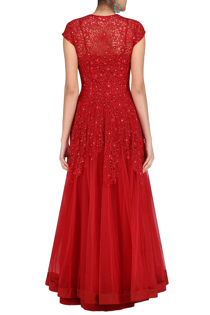 Red anarkali kurta with floral embroidered net jacket available only at Pernia's Pop Up Shop.