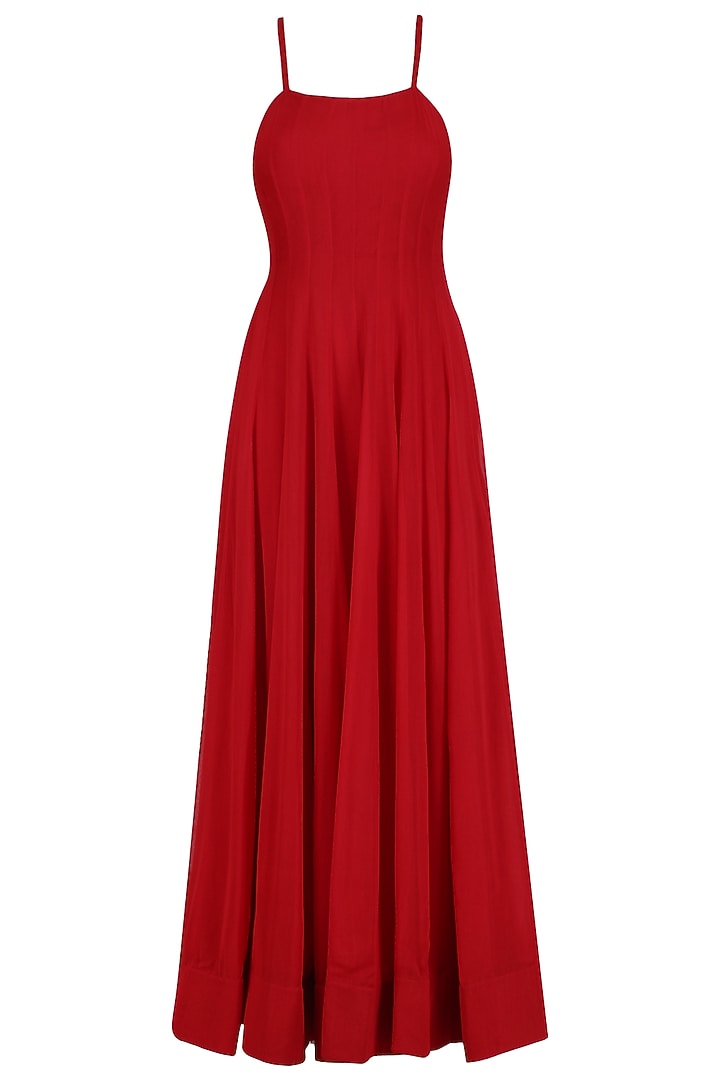 Red anarkali kurta with floral embroidered net jacket available only at Pernia's Pop Up Shop.